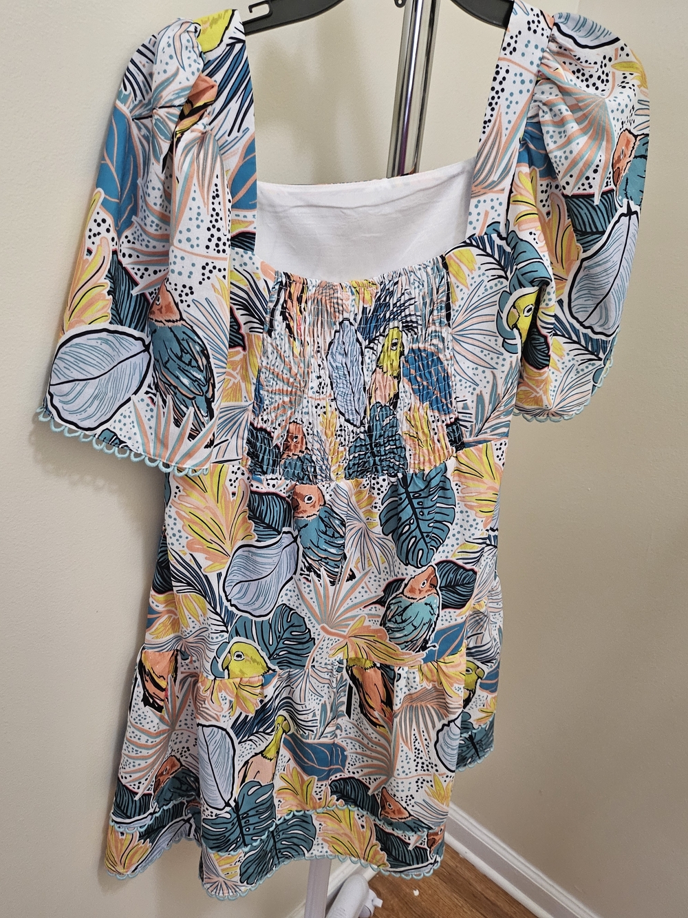Tropical Puff-Sleeve Tunic Dress in Multicolor
